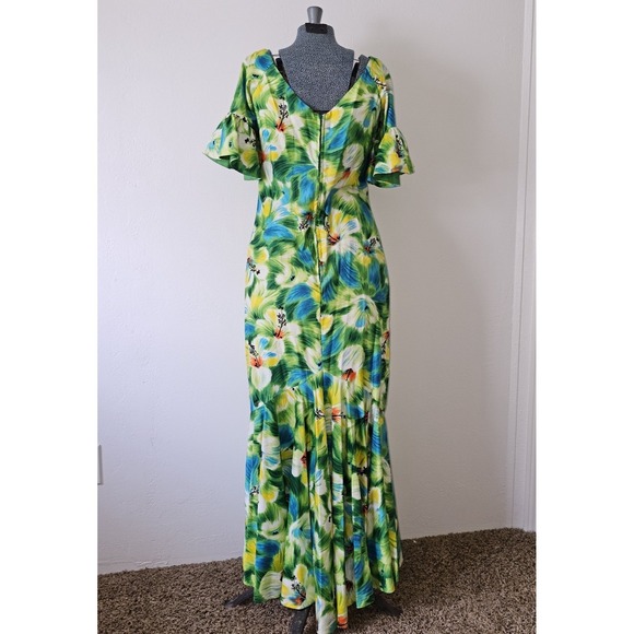 Vintage 50s 60s Kamehameha Hawaiian Mermaid Maxi Dress with Flutter Sleeves Sz S - Picture 6 of 16